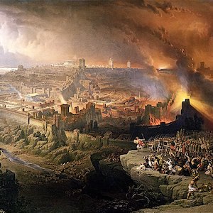An oil painting of the city of Jerusalem with Roman soldiers in the right foreground with flames pouring through a breach in the city walls.